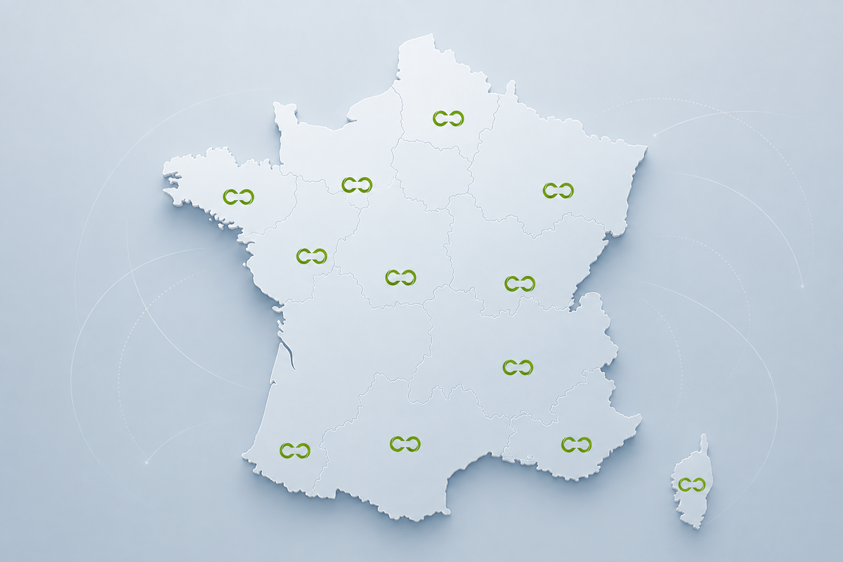 Carte illustrant les études RE2020 accompagnées à distance par LECOBAT dans toute la France